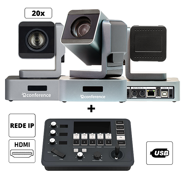 Kit 3 Câmeras 20x Church + 1 Controle PTZ + Suporte de Parede