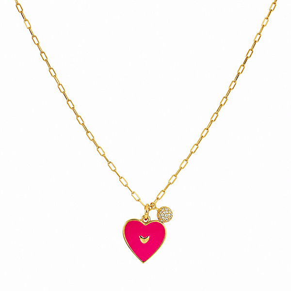 COLAR DOURADO DE ELOS CARTIER COM PINGENTE DE CORAÇÃO ROSA E PEDRINHAS DE ZIRCÔNIAS BRANCAS