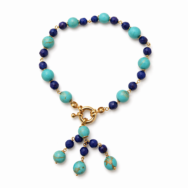 PULSEIRA DOURADA DE BOLINHAS VERDE E AZUL COM FECHO BOIA