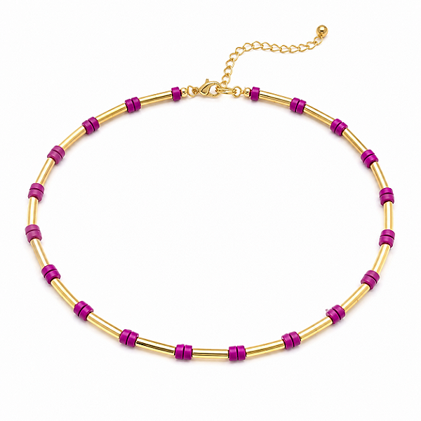 COLAR COM CANUTILHOS DOURADOS E DETALHES EM ROSA - COM EXTENSOR