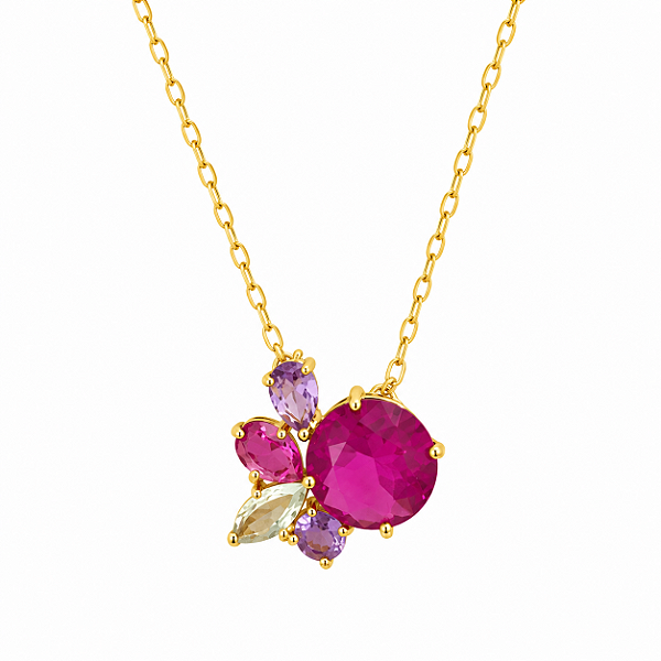 Colar dourado com pingente meia flor com pedra rosa no centro e pétalas coloridas 45+5cm