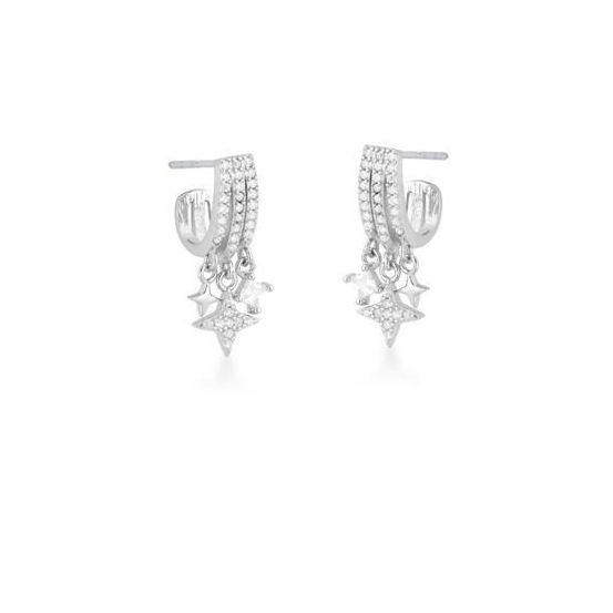 BRINCO TRÊS VOLTAS E PÊNDULO ESTRELAS E ZIRCÔNIAS PRATA RODINADA