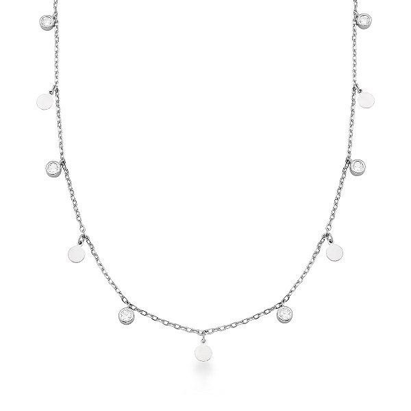 CHOCKER PRATA ELOS COM MEDALHAS E ZIRCÔNIAS BRANCAS PENDURADAS - 40CM + 5CM