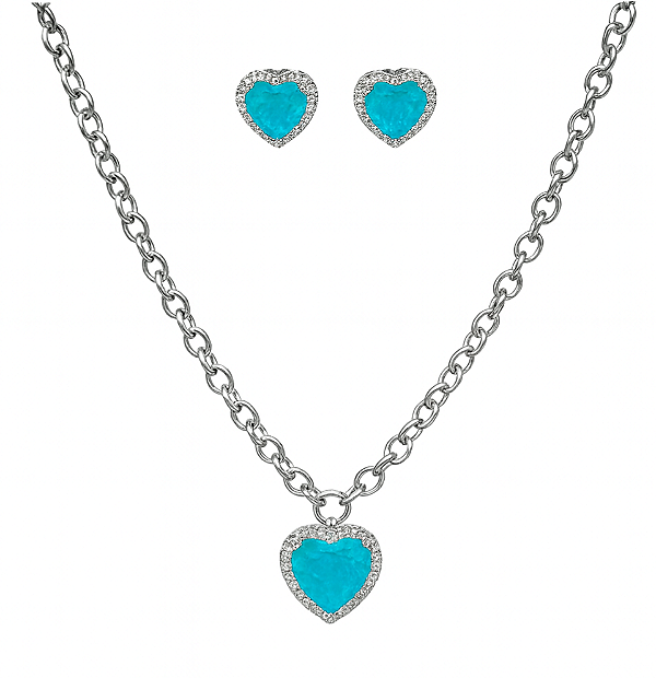 CONJUNTO RÓDIO BRANCO COM BRINCO E COLAR DE ELOS COM PINGENTE DE PEDRA EM FORMATO DE CORAÇÃO VERDE TIFFANY TODO CRAVEJAD