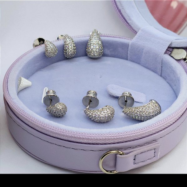 TRIO DE BRINCOS EM RÓDIO FORMATO DE GOTA ABALOADO TODO CRAVEJADO - PEQUENO