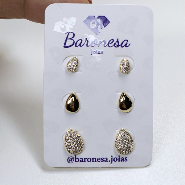 TRIO DE BRINCOS DOURADOS FORMATO GOTA DA MAIOR PARA MENOR TODA CRAVEJADA E UM PAR LISO