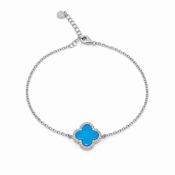 PULSEIRA DE PRATA COM 1 TREVO DE 4 FOLHAS E AS BORDAS CRAVEJADAS. COR AZUL
