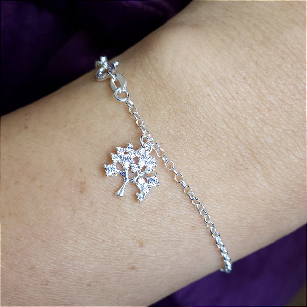 PULSEIRA PRATA ELOS COM PINGENTE DE ÁRVORE DA VIDA CRAVEJADA PENDURADA