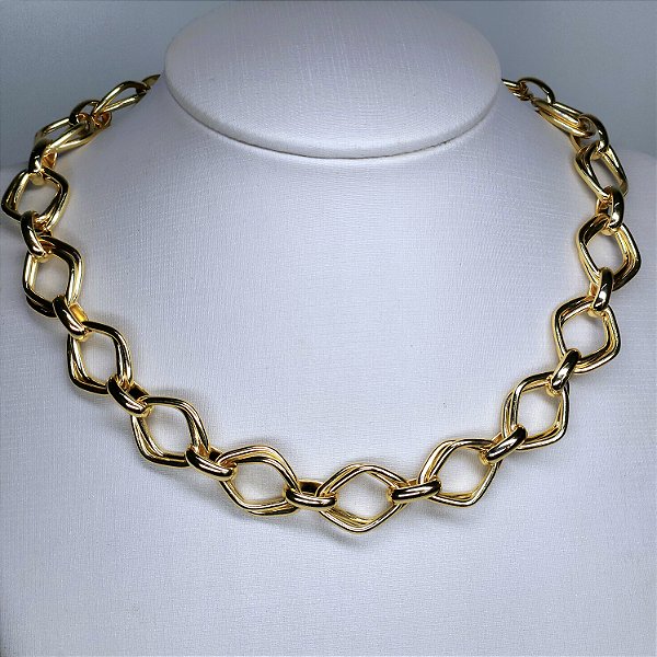 COLAR DOURADO EM ELOS NAVETES DUPLOS LISOS  40 + 5CM