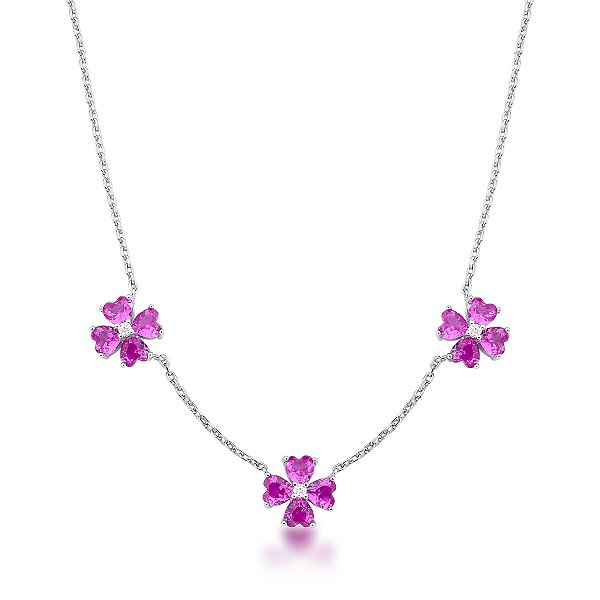 COLAR DE PRATA COM 3 PINGENTES DE TREVO DE 4 FOLHAS EM ZIRCÔNIAS ROSA 40 + 5CM