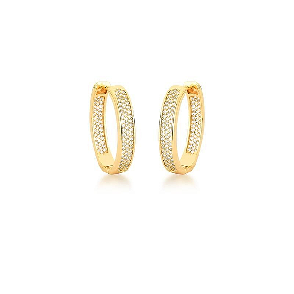 ARGOLA DOURADO OVAL MEDIA CRAVEJADA DE ZIRCÔNIAS BRANCAS