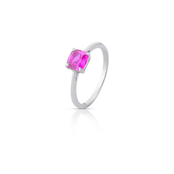 ANEL EM RÓDIO BRANCO COM PEDRA QUADRADA ROSA