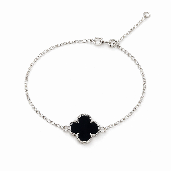 PULSEIRA DE PRATA COM 1 TREVOS DE 4 FOLHAS PEDRA NEGRA GRANDE