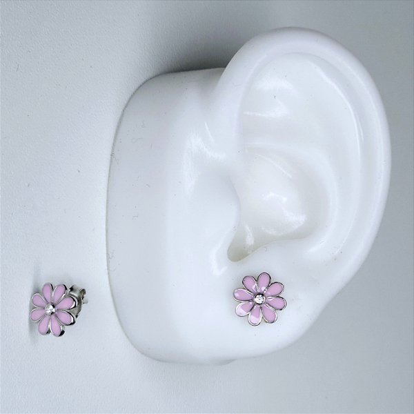BRINCO DE PRATA COM FLORZINHA ROSA