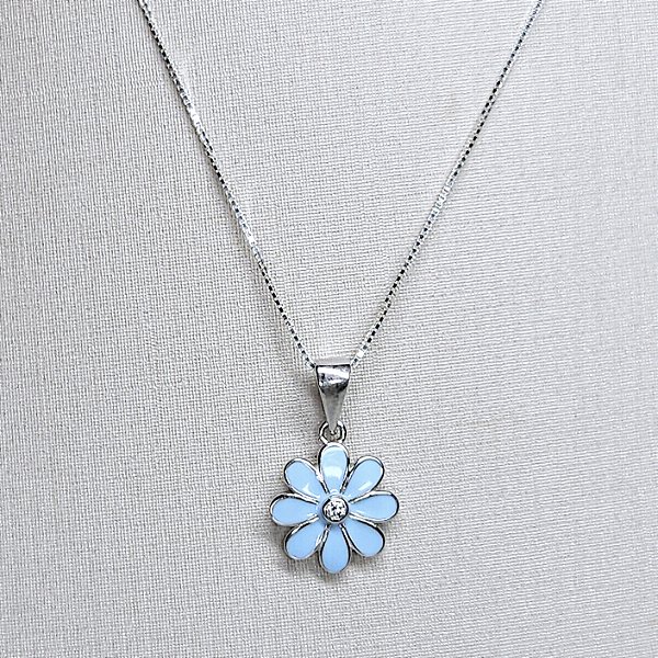 COLAR DE PRATA COM PINGENTE DE FLOR AZUL