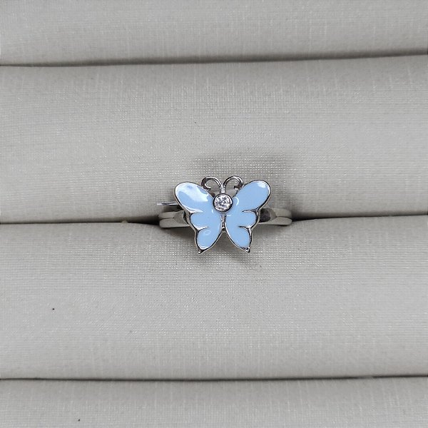 ANEL DE PRATA RODINADO INFANTIL COM BORBOLETA AZUL