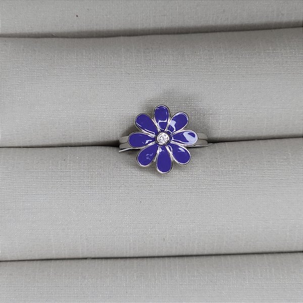 ANEL DE PRATA RODINADO INFANTIL COM FLORZINHA ROXO