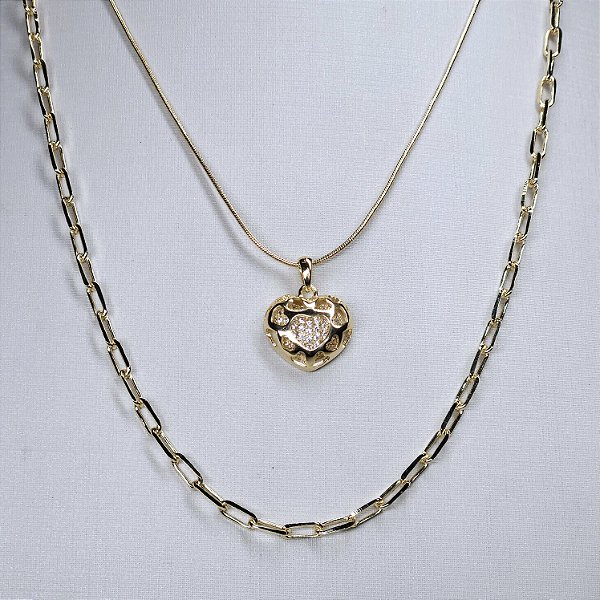 COLAR DOURADO MODELO 2 EM 1, CARTIER 45CM E CORDÃO DE 40CM COM PINGENTE DE CORAÇÃO TODO CRAVEJADO
