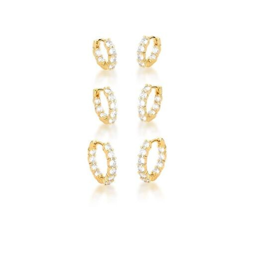 TRIO DOURADO DE ARGOLAS 3 TAMANHOS COM TRABALHADO AO LADO CRAVEJADO DE ZIRCÔNIAS