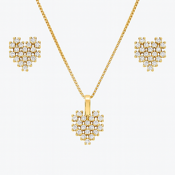 CONJUNTO DOURADO DE CORAÇÃO TODO CRAVEJADO E VAZADO 45CM +5 CM EXTENSOR