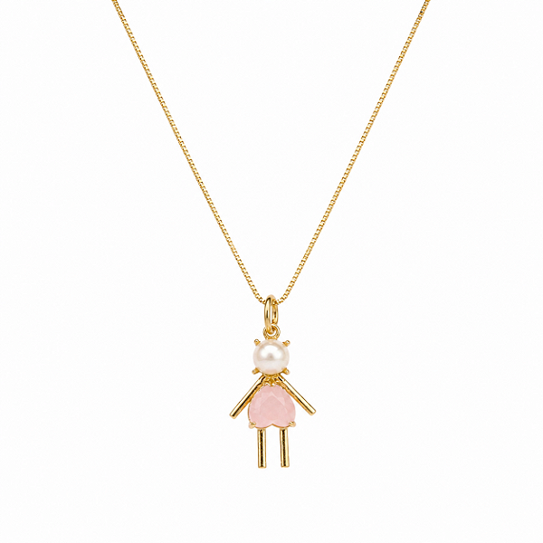 COLAR DOURADO COM PINGENTE DE MENINA E PEDRA FORMATO DE CORAÇÃO ROSA 45+5CM