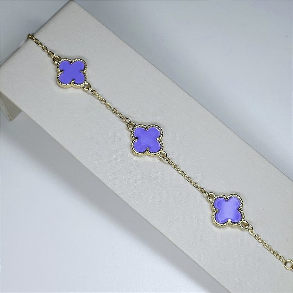 PULSEIRA DOURADA COM TREVOS DE PEDRAS LILÁS