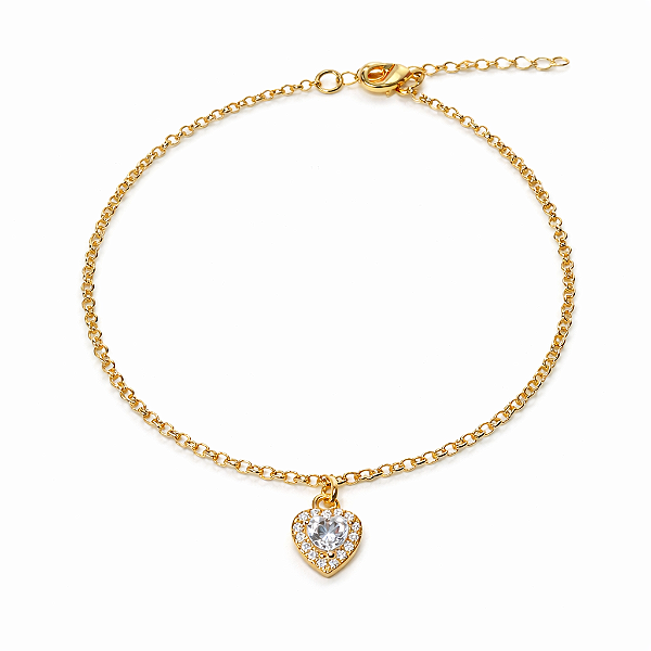 PULSEIRA DOURADA COM PINGENTE DE ZIRCÔNIA FORMATO DE CORAÇÃO CRAVEJADO AO REDOR