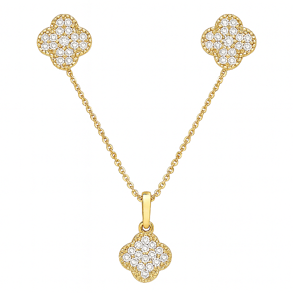 CONJUNTO DOURADO DE TREVOS COM PINGENTE E BRINCOS CRAVEJADOS