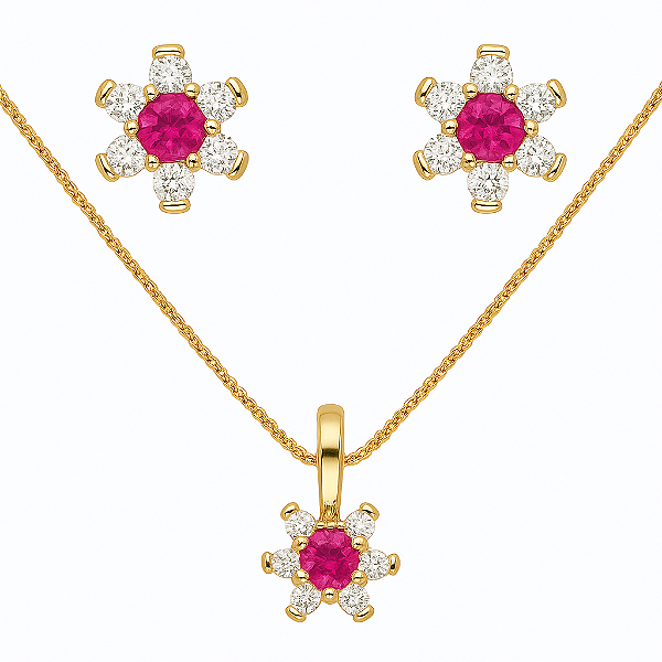 CONJUNTO DOURADO COM PINGENTE E BRINCOS DE FLOR ROSA