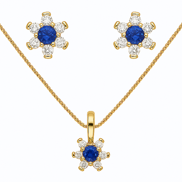 CONJUNTO DOURADO COM PINGENTE E BRINCOS DE FLOR AZUL