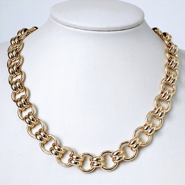 COLAR DOURADO COM ELOS INTERCALADOS REDONDOS E VAZADOS 45+5CM