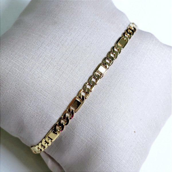 PULSEIRA DOURADA MISTA ELO GRUMET E PIASTRINE
