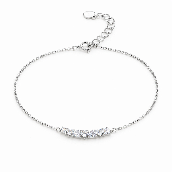 PULSEIRA DE PRATA COM 5 PEDRINHAS EM FORMATO DE CORAÇÃO 16+5CM