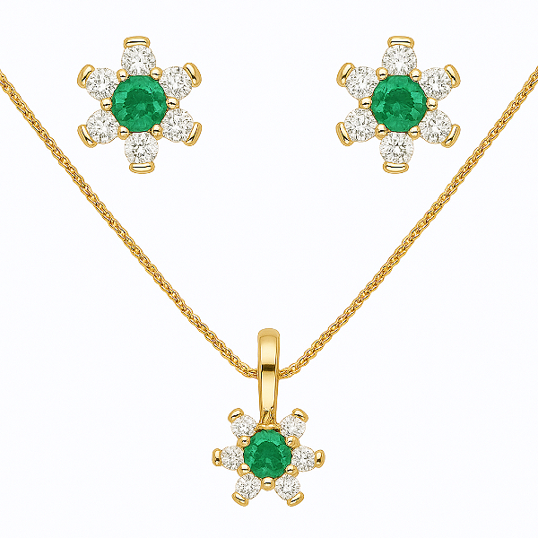 CONJUNTO DOURADO COM PINGENTE E BRINCOS DE FLOR VERDE