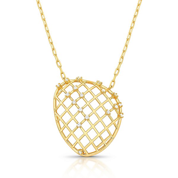 COLAR DOURADO COM PINGENTE OVAL VAZADO E GRADE COM ZIRCÔNIAS CRAVEJADAS 45+5CM