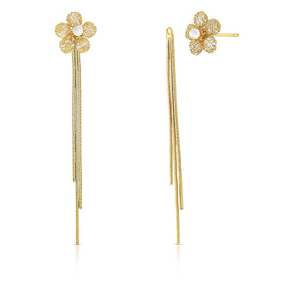 BRINCO EAR JACKET 2 EM 1 FLOR ORGANICA COM UMA PÉROLA E 3 FIOS
