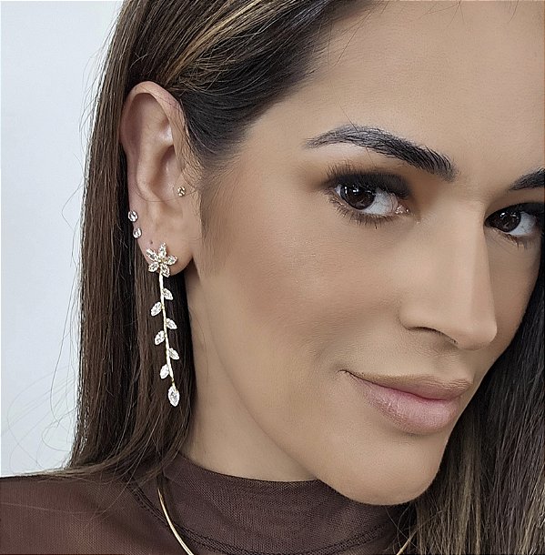 BRINCO EAR JACKET 2 EM 1 FLOR PETALAS DE ZIRCÔNIAS E 1 FIO