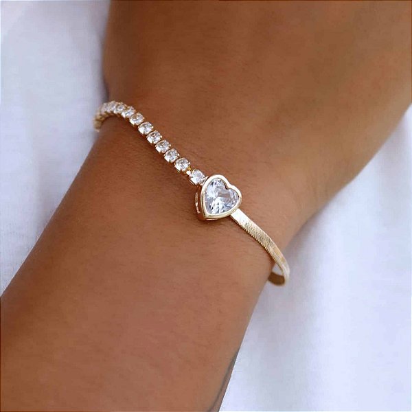 PULSEIRA DOURADA CORAÇÃO COM ZIRCÔNIA METADE FITA E METADE RIVIERA