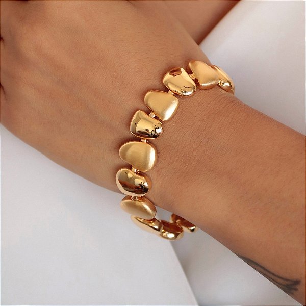 PULSEIRA DOURADA LISA COM GOMOS ONDULADOS ESCOVADOS E LISOS - COM TRAVA