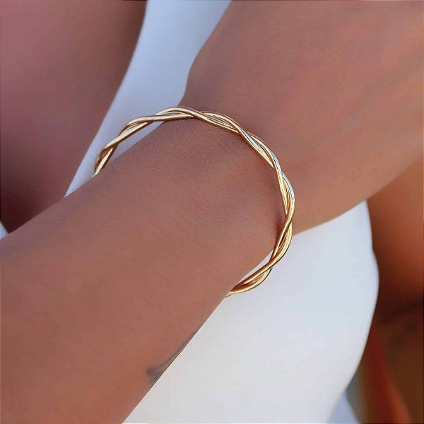 BRACELETE DOURADO LISO TRANÇADO GROSSO 3.9 MM