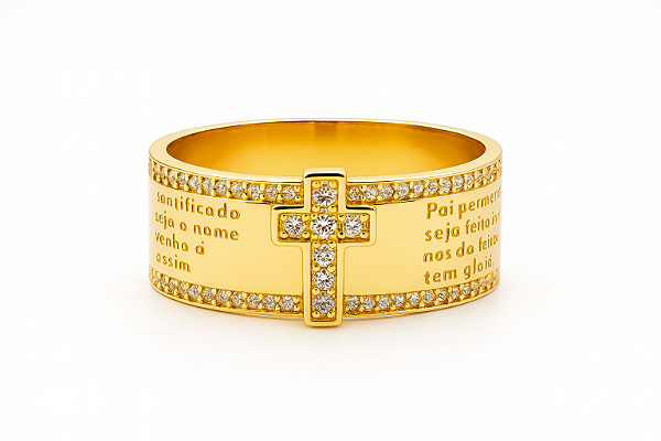 ANEL DOURADO COM ZIRCÔNIAS ORAÇÃOO PAI NOSSO COM CRUZ NO MEIO