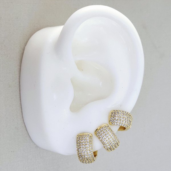 TRIO ARGOLAS DOURADAS REDONDA COM 5 FILEIRAS PEDRAS MICROCRAVEJADAS