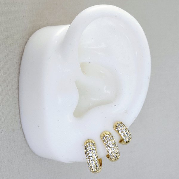 TRIO ARGOLAS DOURADAS REDONDA COM 3 FILEIRAS PEDRAS MICROCRAVEJADAS