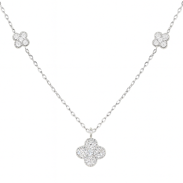 CONJUNTO DE PRATA BRINCOS E PINGENTE DE TREVOS CRAVEJADAS 40+5CM