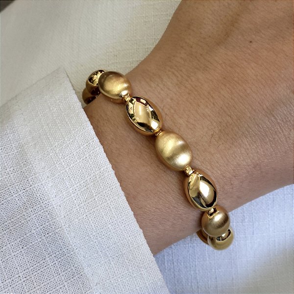 PULSEIRA DOURADA MEIA BOLA OVAL, LISA E FOSCA