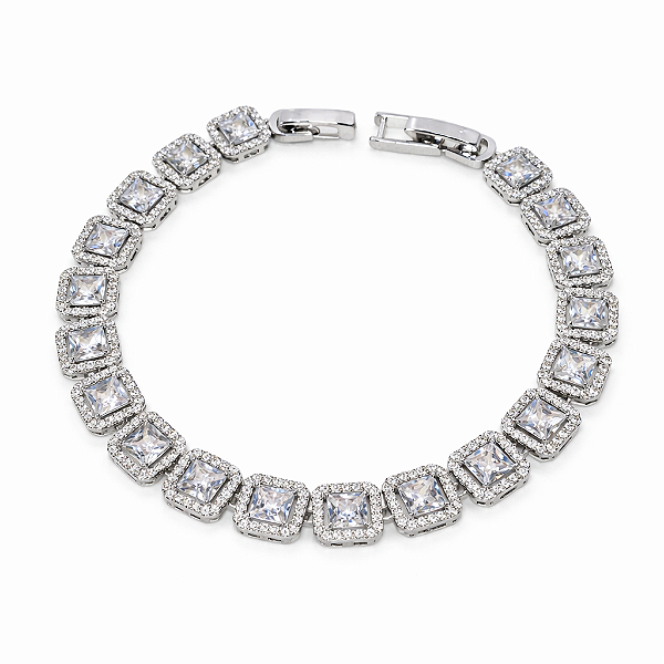 PULSEIRA EM RÓDIO BRANCO MODELO RIVIERA QUADRADA E MICRO ZIRCÔNIAS AO REDOR