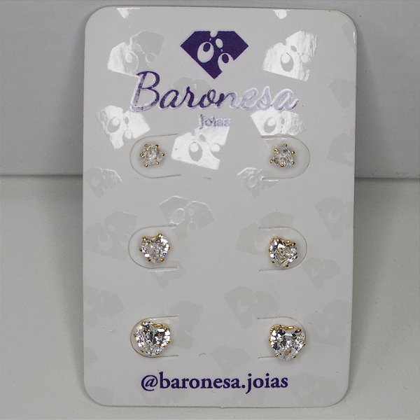 TRIO DOURADOS DE BRINCOS DE CORAÇÃO ZIRCÔNIAS BRANCAS