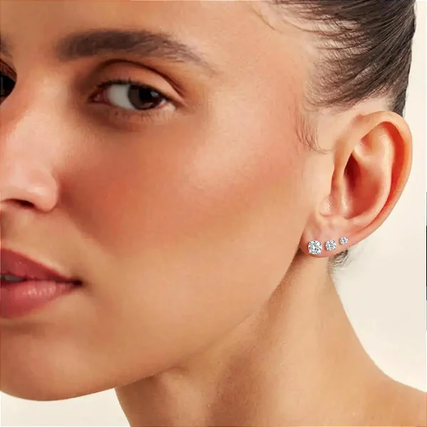 TRIO DE BRINCOS DE PRATA COM CRISTAIS REDONDOS LISO