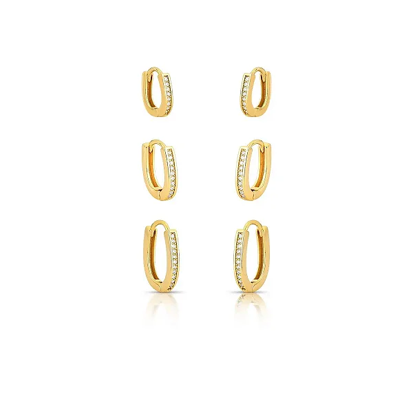 TRIO DE ARGOLAS DOURADAS OVAL COM UMA FILEIRA DE ZIRCÔNIAS