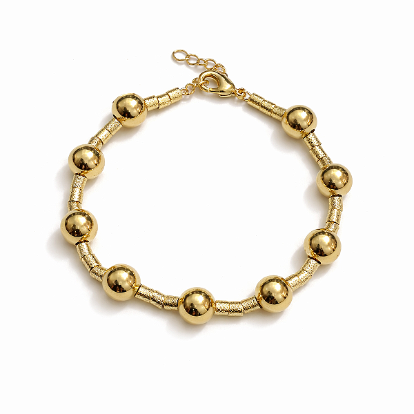 PULSEIRA DOURADA COM CANUDINHOS E ESFERAS 17,5CM+5